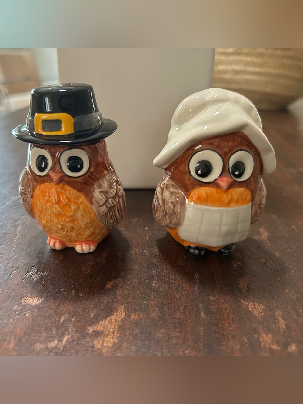 NEVER USED Cute Brown & Orange Thanksgiving Owl Salt and Pepper Shaker Set